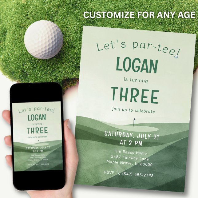 Convite 3º Aniversário Golfe Par-tee Aquarela Qualquer Ida (Playful “par-tee” theme kids and adults love.)