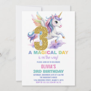 Convite 3º Rainbow Unicorn Aniversário Voa