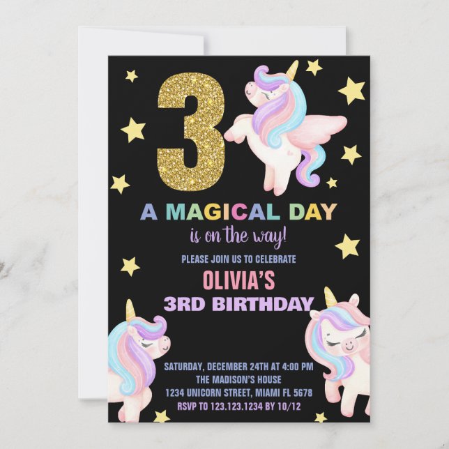 Convite 3º Rainbow Unicorn Aniversário Voa (Frente)