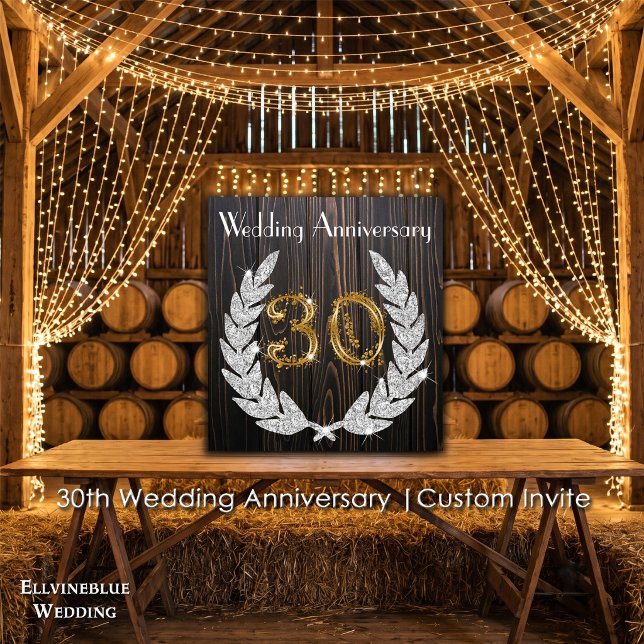 Convite 30º Aniversário de Casamento | Madeira Rústica & D (30th Wedding Anniversary Invite | Rustic Wood & Diamond Laurel. Size: 5.25” x 5.25”)