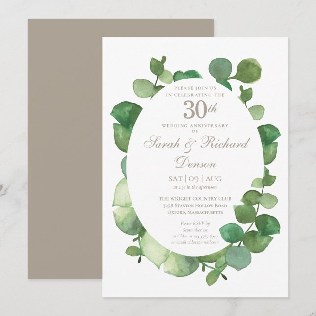 Convite 30º aniversário de pérola Eucalipto Boho Verdura (Frente/Verso)