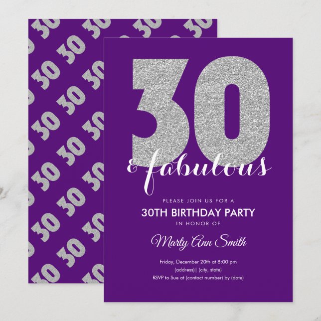 Convite 30 Brilhantes Roxos Prateados e Feliz Aniversário (Frente/Verso)