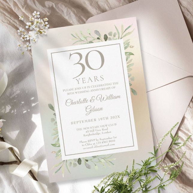 Convite 30 Casamento Aniversário Greenery Floral Pearl (30th Wedding Anniversary Greenery Floral Pearl Invitation)