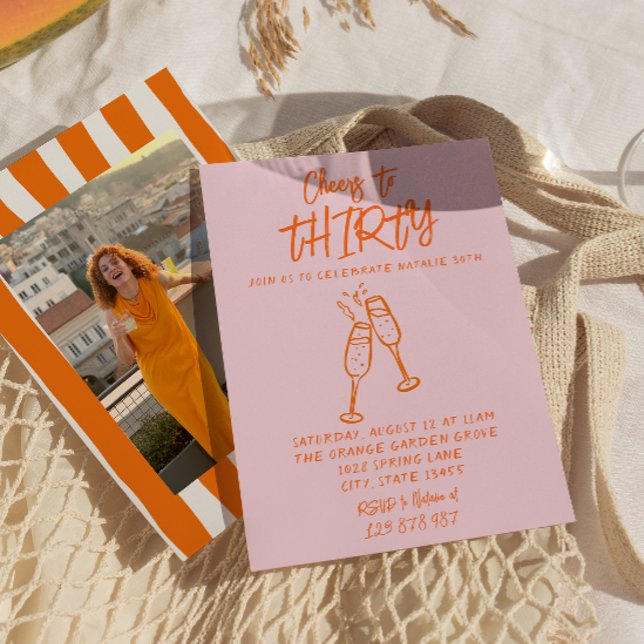 Convite 30 de cor laranja rosa Foto Whimsical Aniversário (Criador carregado)