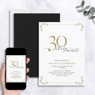Convite 30 e fabuloso aniversário Dourado e branco preto