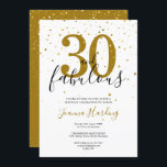 Convite 30 e Fabuloso aniversário Dourado e Negro Elegante<br><div class="desc">Este elegante script chic 30 e fabulosas estrelas douradas confetti convite de aniversário podem ser personalizados com seus detalhes de festa de aniversário definidos em texto moderno. O reverso tem estrelas douradas confetti em um fundo de ouro complementar. Projetado por Thisnotme©</div>