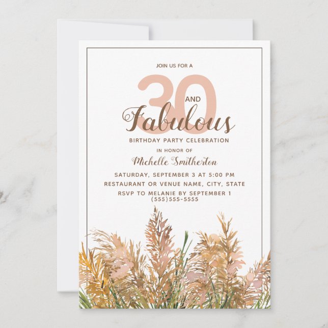 Convite 30 Fabuloso Capim-dos-Pampas em Aniversário Branco (Frente)