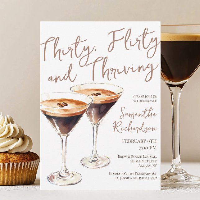 Convite 30 Flirty e aniversário de 30 anos Martini floresc (Thirty Flirty and Thriving Martini 30th Birthday Invitation)