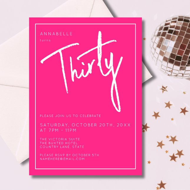 Convite 30 moderno 330 - festa de aniversário rosa (Modern 30th birthday party invitation in hot pink and script lettering. )