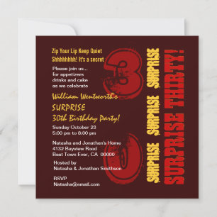 Convite 30 Moderno de Aniversário Vermelho Dourado SURPRE