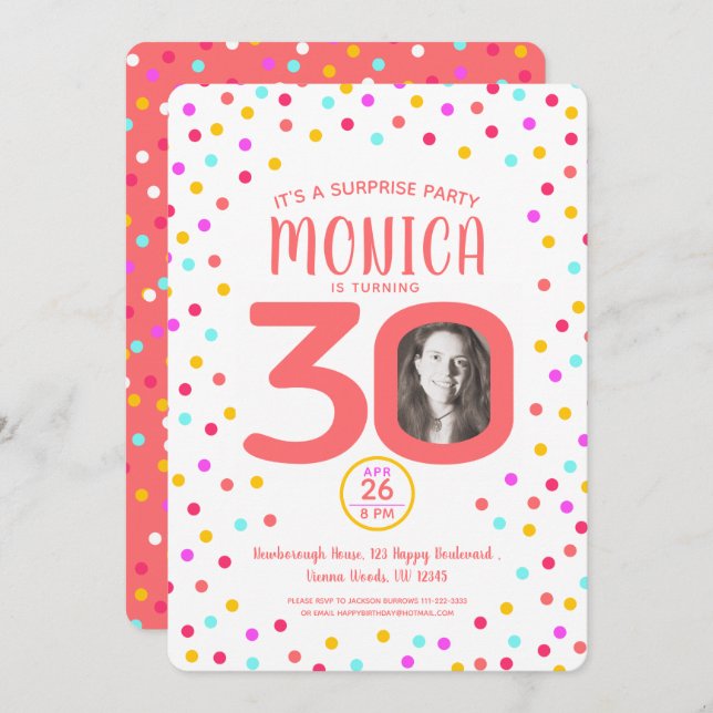 Convite 30 personalizado data de nascimento de coral confe (Frente/Verso)