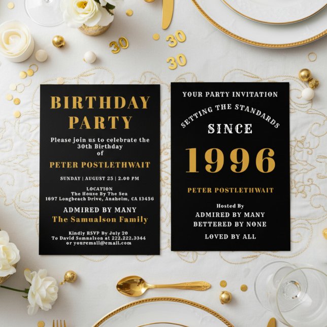 Convite 30th Birthday Add Name 1996 Black Gold For Him (1996 birthday invitation. White background.)