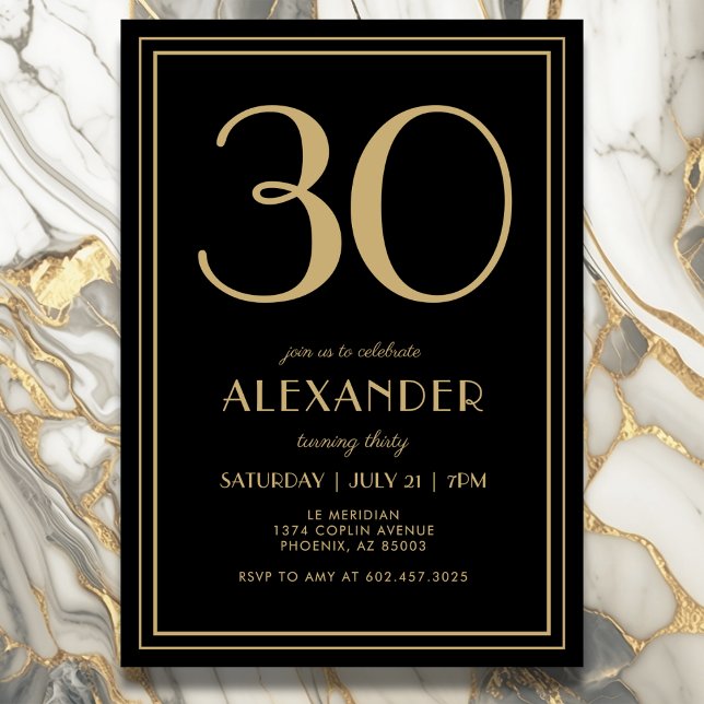 Convite 30th Birthday Black and Gold Modern Minimal Adult (Elegant black and gold 30th birthday invitation design.)