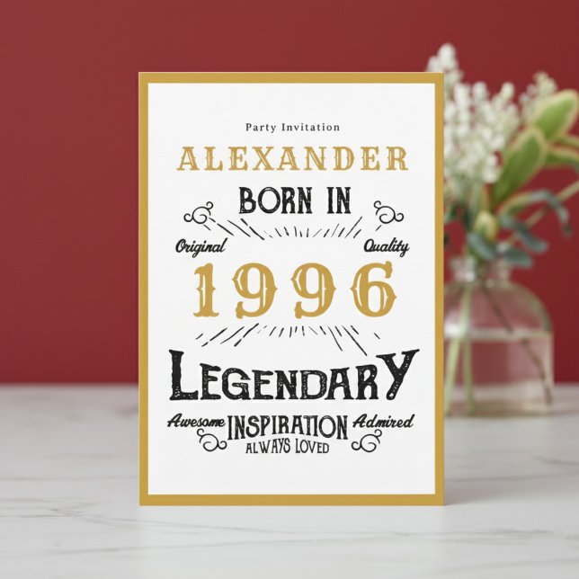 Convite 30th Birthday Born 1996 White Gold Legend (Born 1996 birthday invitation.)