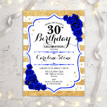 Convite 30th Birthday - Gold Stripes Royal Blue Roses<br><div class="desc">30th Birthday Invitation. Elegant design in gold,  white,  royal blue with faux glitter. Features gold and white stripes,  sapphire roses,  script font and confetti. Perfect for an elegant thirtieth birthday party.</div>