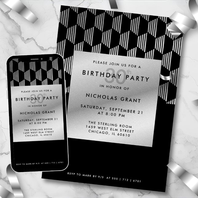 Convite 30th Birthday Modern Black Faux Silver Foil (Criador carregado)