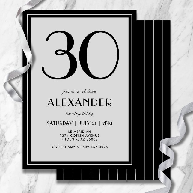Convite 30th Birthday Modern Minimalist Mens Black Gray (Refined black and gray stripes add modern flair to your 30th celebration.)