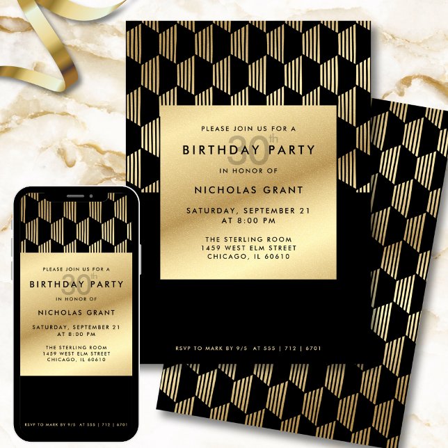 Convite 30th Birthday Party Modern Black and Gold Foil (Criador carregado)