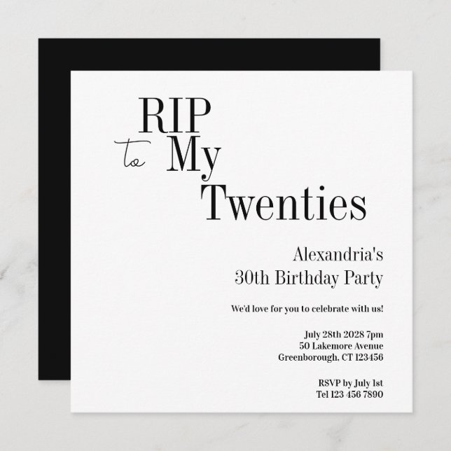 Convite 30th Birthday RIP 20s Black and White Minimal (Frente/Verso)