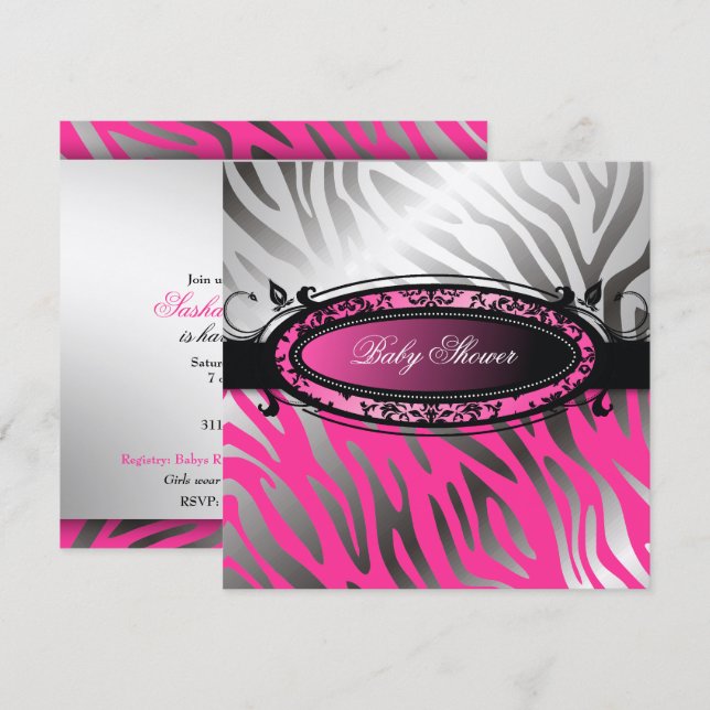 Convite 311-C'est Luxueux| Zebra rosa quente| Bebê (Frente/Verso)