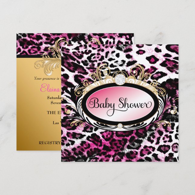 Convite 311 Chá de fraldas-Leopardo-Rosa-Quente Opulente M (Frente/Verso)