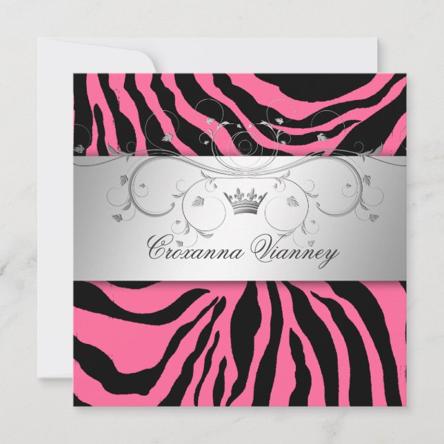 Convite 311-Cinzento Prateado, Zebra Rosa, Quinceanera (Frente)