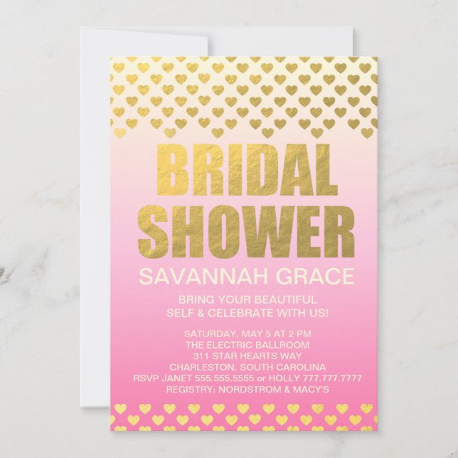 Convite 311 Corações do Chá de panela de Ombre Rosa (Frente)