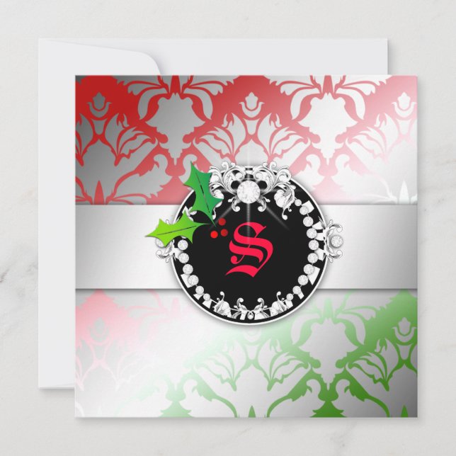 Convite 311-Damask Shimmer de Natal Convide Vermelho Verde (Frente)