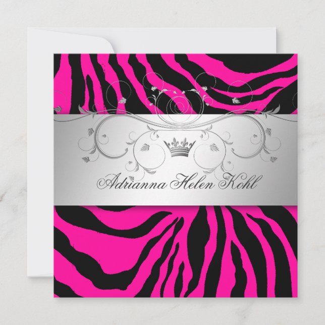 Convite 311-Lingerie de Zebra Rosa Quente-Prateada (Frente)