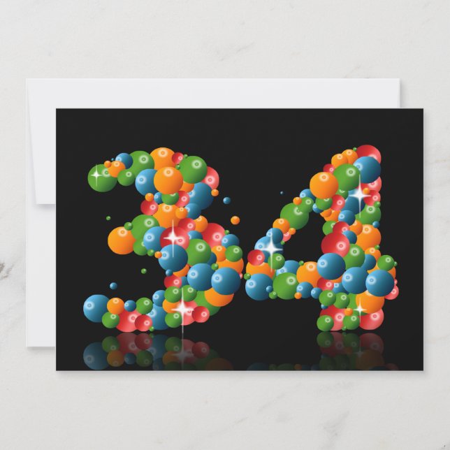 Convite 34ª Festa de aniversário, com bolhas e bolas (Frente)