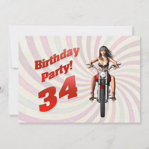 Convite 34ª festa de aniversário com uma garota em uma mot