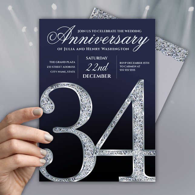 Convite 34º Aniversário Diamante Prata Azul-Marinho (Criador carregado)