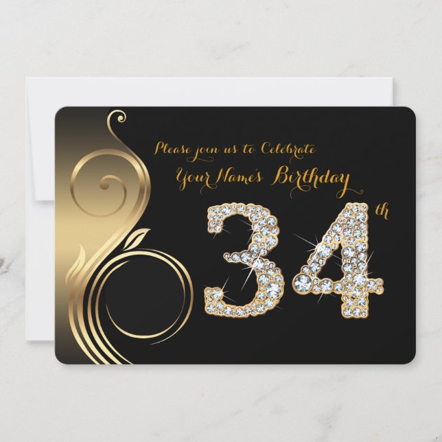 Convite 34º,Convite de aniversário,Diamante de número,Foto (Frente)