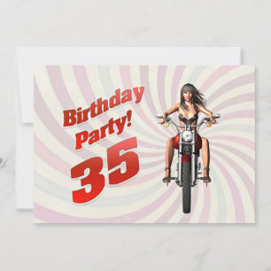 Convite 35ª festa de aniversário com uma garota em uma mot