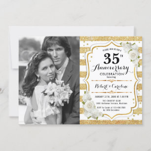 Convite 35º Aniversário com Foto - Dourado Branco