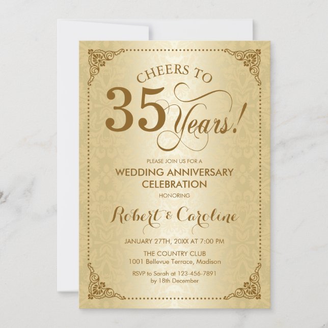 Convite 35º Aniversário de Casamento - Damasco Dourado (Frente)