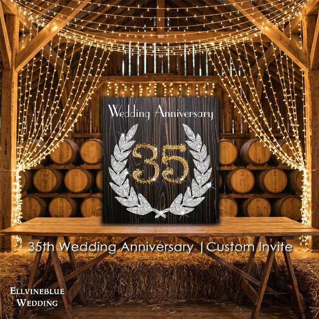 Convite 35º Aniversário de Casamento | Madeira Rústica & D (35th Wedding Anniversary Invite | Rustic Wood & Diamond Laurel. Size: 5.25” x 5.25”)
