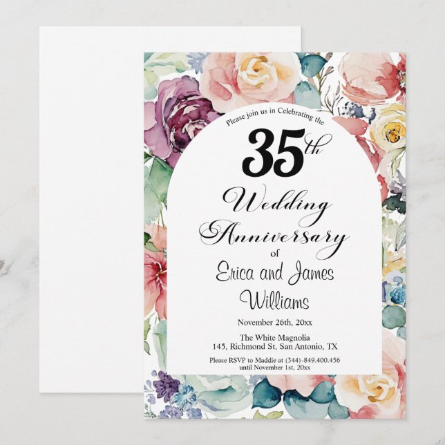 Convite 35º aniversário de casamento Script Elegante Flora (Frente/Verso)