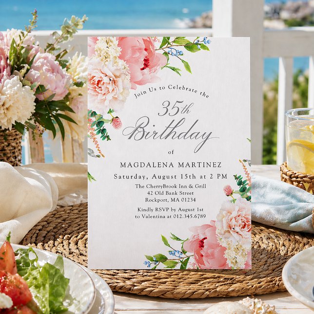 Convite 35th Birthday Party Feminine Pink Roses Floral Inv (Criador carregado)