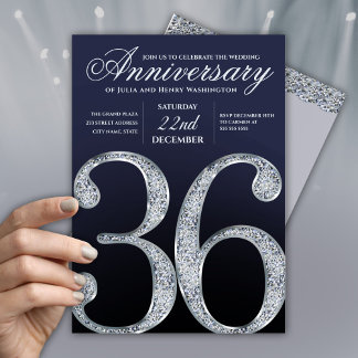 Convite 36º Aniversário Diamante Prata Azul-Marinho