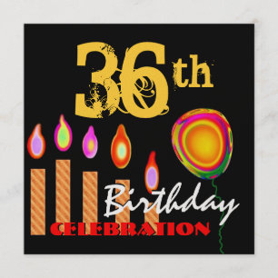 Convite 36º aniversário Douradas velas e balões metáli