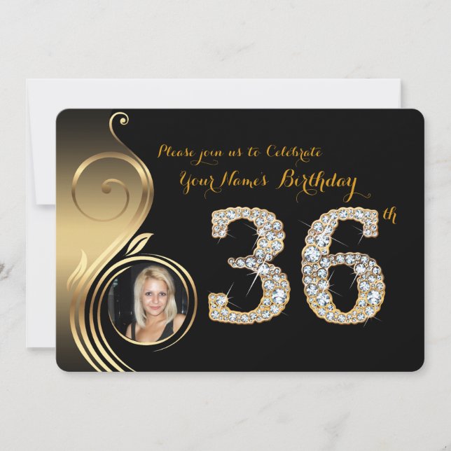 Convite 36º,Convite de aniversário,Diamante de número,Foto (Frente)