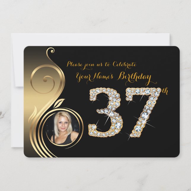 Convite 37º,Convite de Aniversário,Diamante de Número,Foto (Frente)