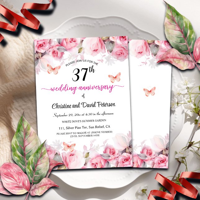 Convite 37. ª Rosas de Blush Elegante de Aniversário de Ca (Criador carregado)