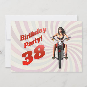Convite 38ª festa de aniversário com uma garota em uma mot