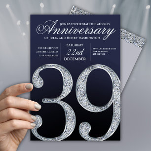 Convite 39º Aniversário Diamante Prata Azul-Marinho