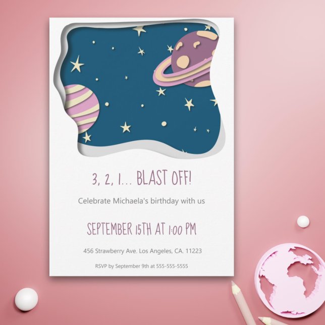 Convite 3 2 1 Explosão da Galáxia Menina do Tema Primeiro  (Blast off pink and purple galaxy space girl first birthday invitation)