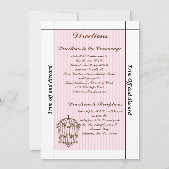 Convite 3.5 x 7 Direções Birdcage/Pink Strip (Frente)
