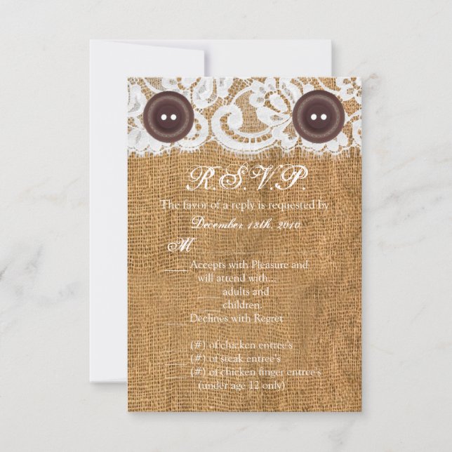 Convite 3,5x5 R.S.V.P. Botão da placa Burlap Lace (Frente)