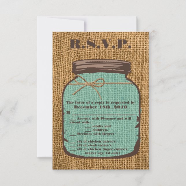 Convite 3.5x5 R.S.V.P. Card Mason Jar Burlap Country Ritis (Frente)